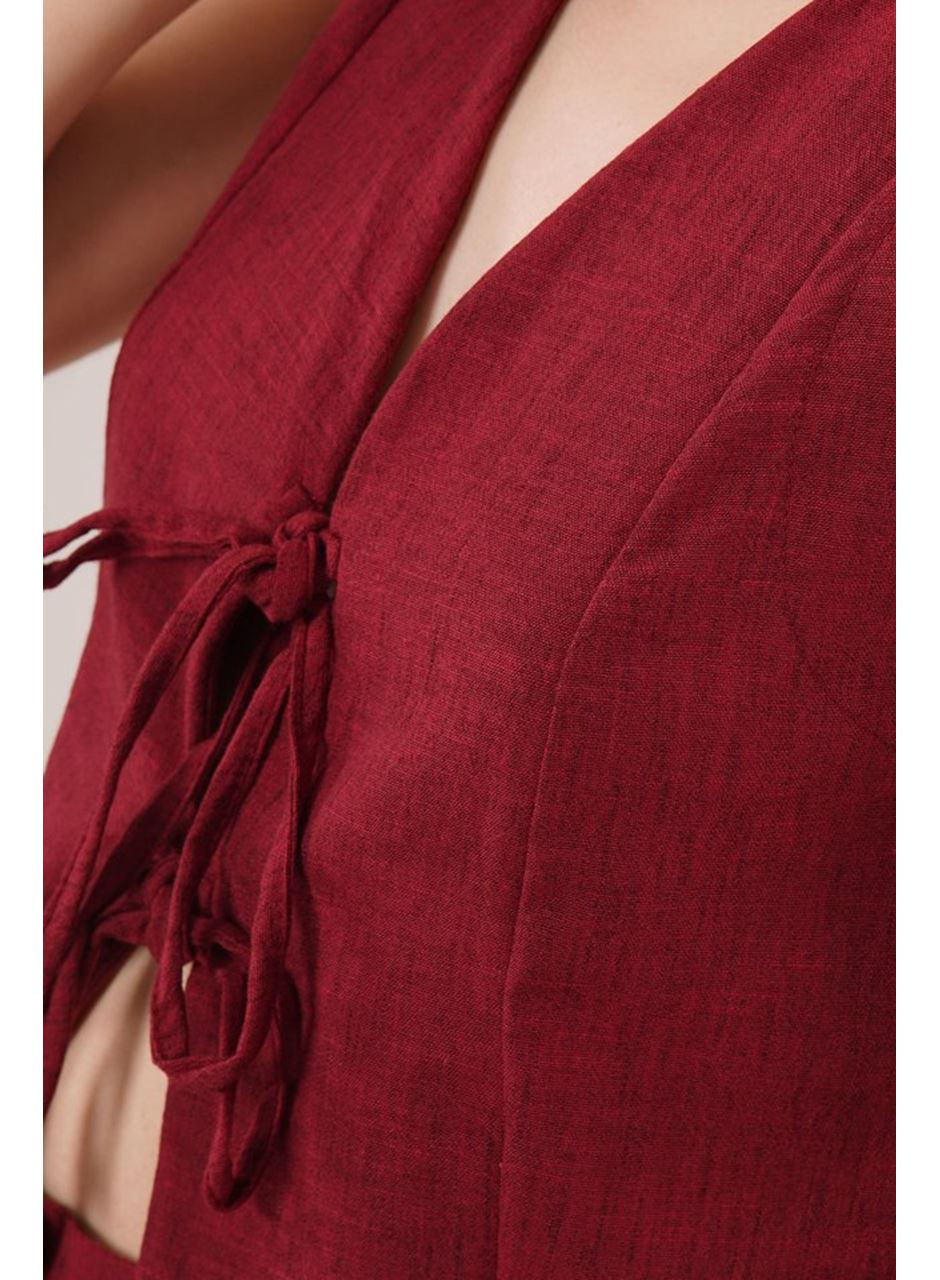 Ön Bağlama Detaylı Yelek Ve Pantolon Bordo İkili Takım