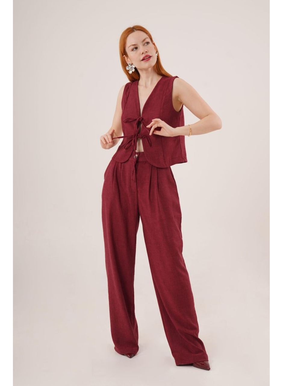 Ön Bağlama Detaylı Yelek Ve Pantolon Bordo İkili Takım