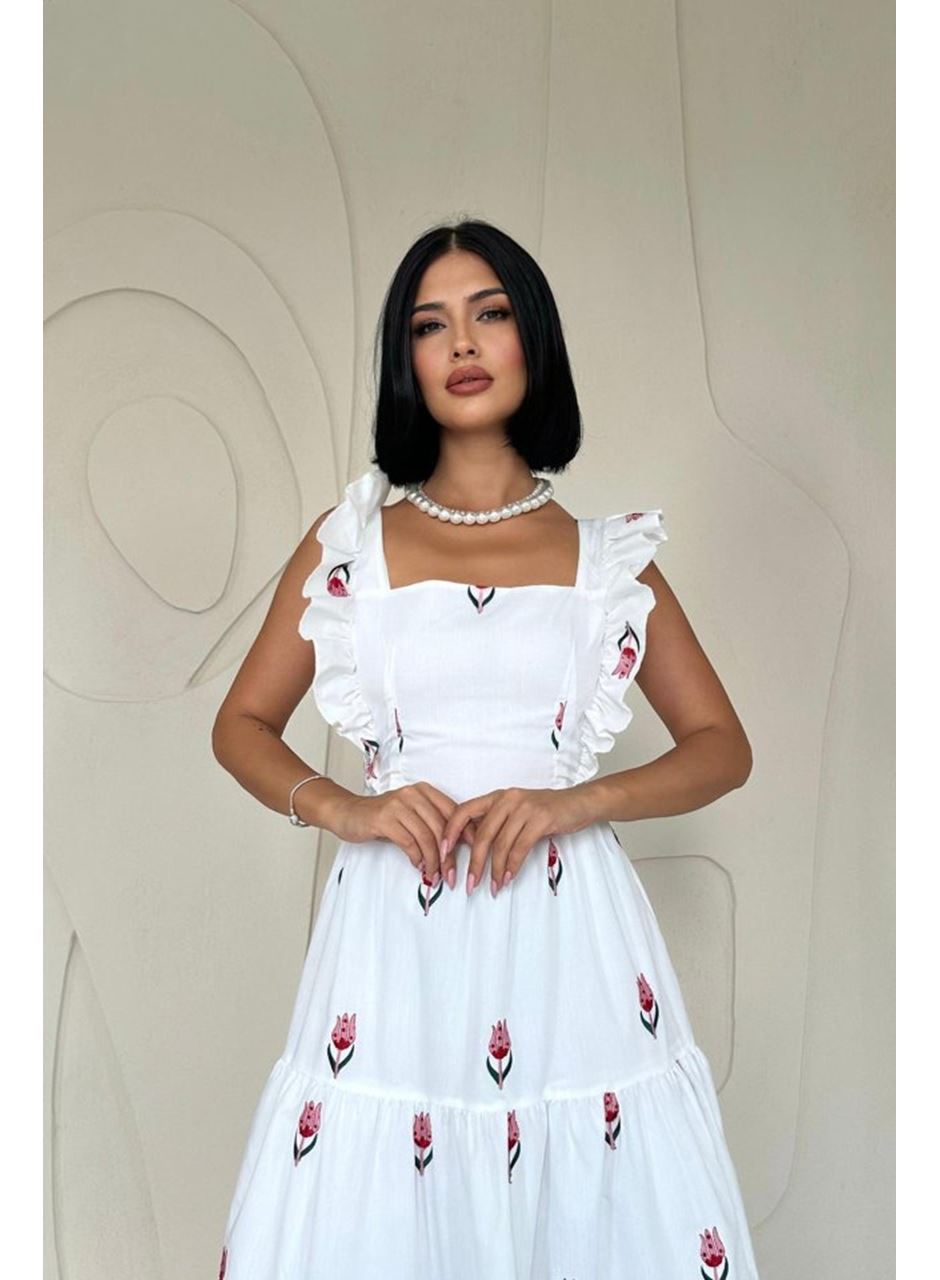 Kırmızı Sıfır Kol Fırfırlı Elbise