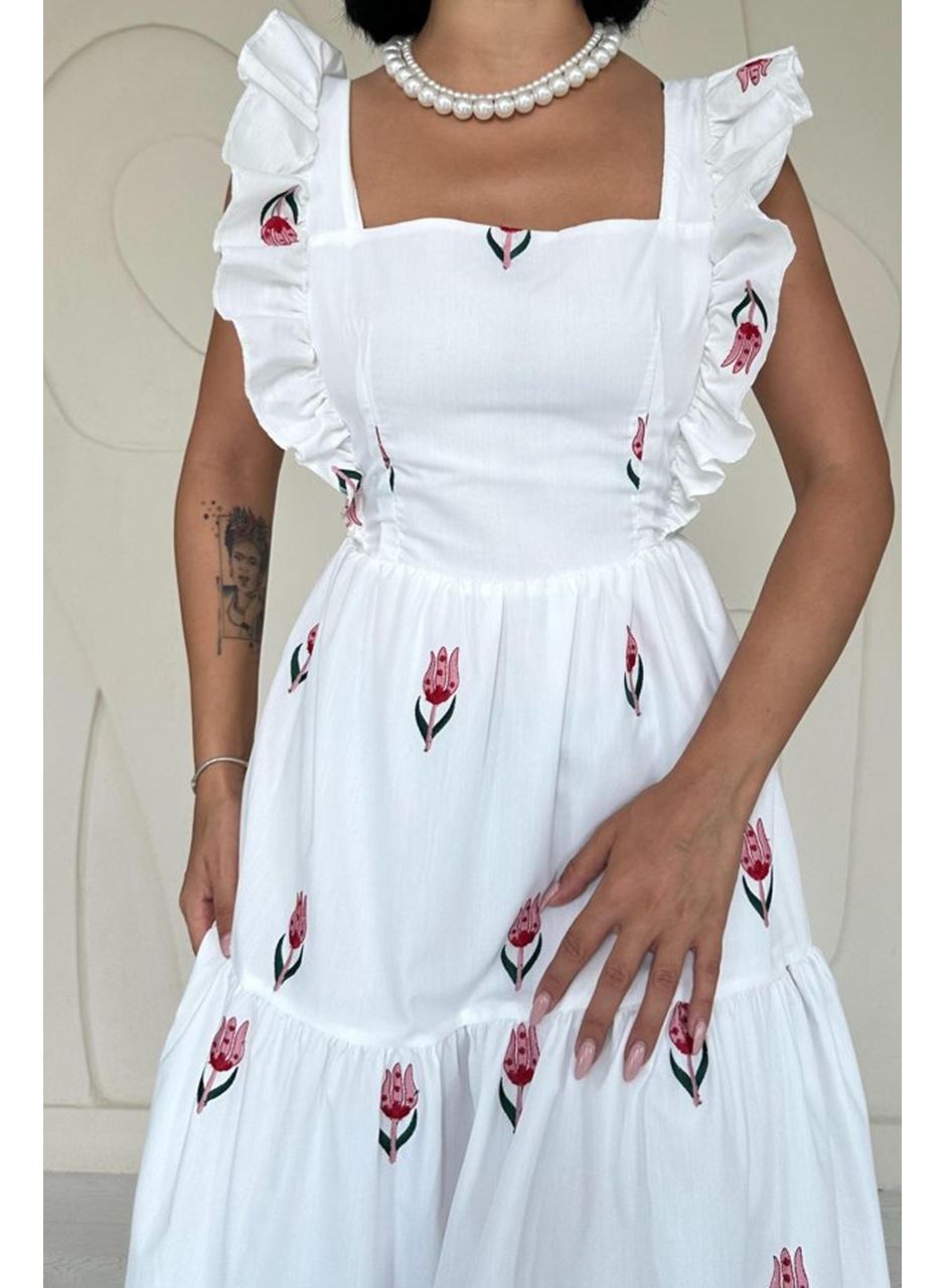 Kırmızı Sıfır Kol Fırfırlı Elbise