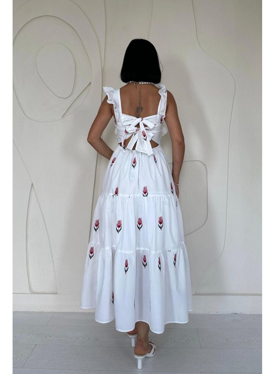 Kırmızı Sıfır Kol Fırfırlı Elbise