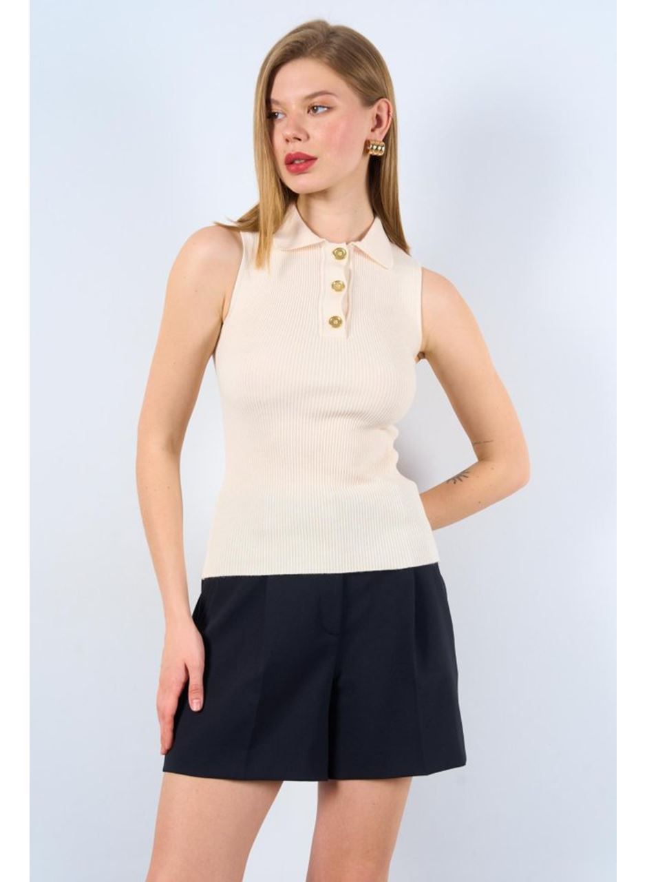 Patlı Düğmeli Triko Atlet - Beyaz Kayısı