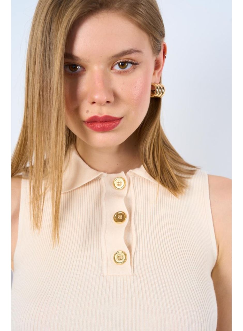 Patlı Düğmeli Triko Atlet - Beyaz Kayısı