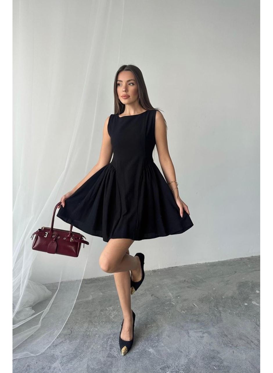 Siyah Mini Boy Büzgülü Keten Elbise