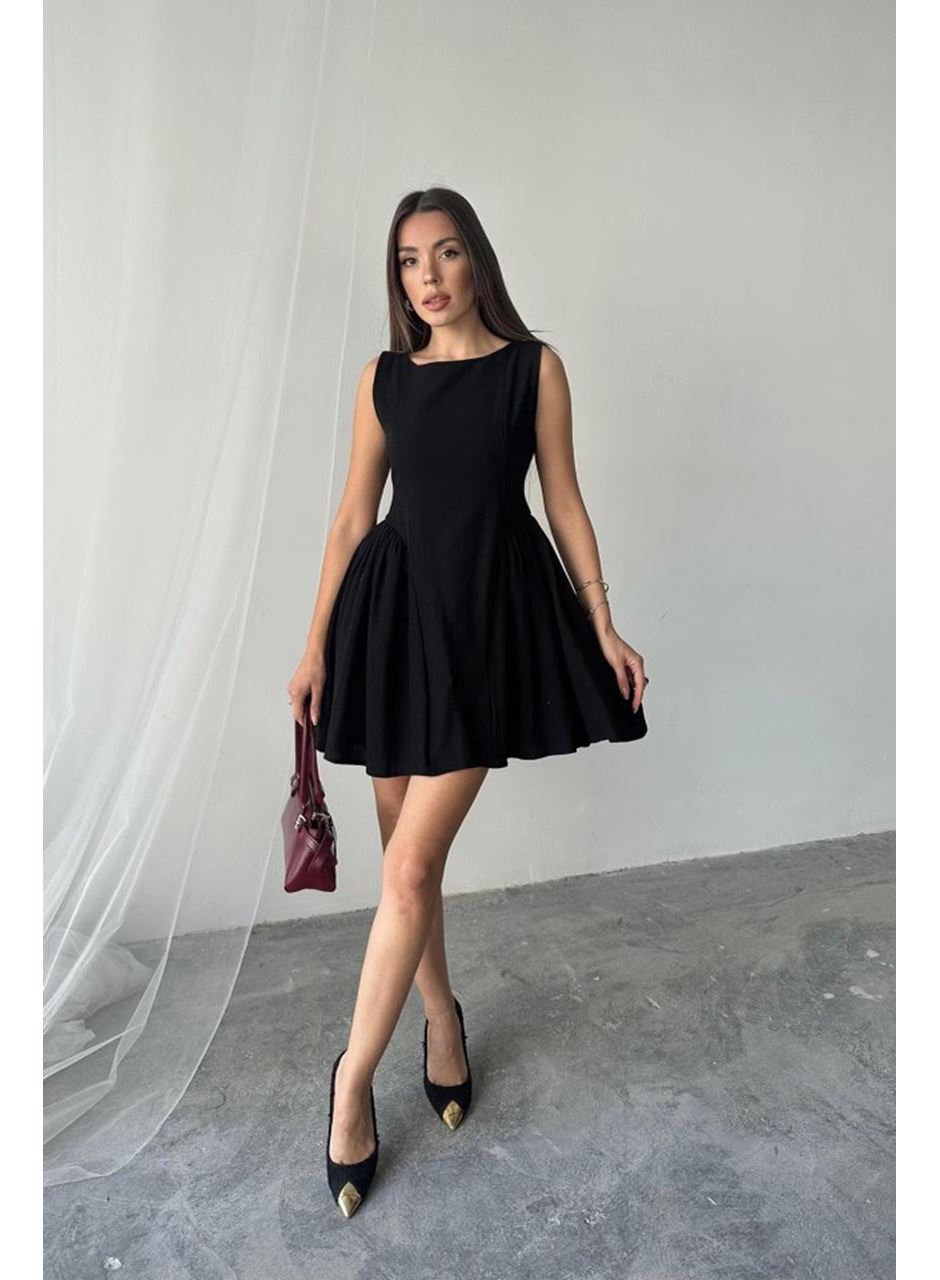 Siyah Mini Boy Büzgülü Keten Elbise