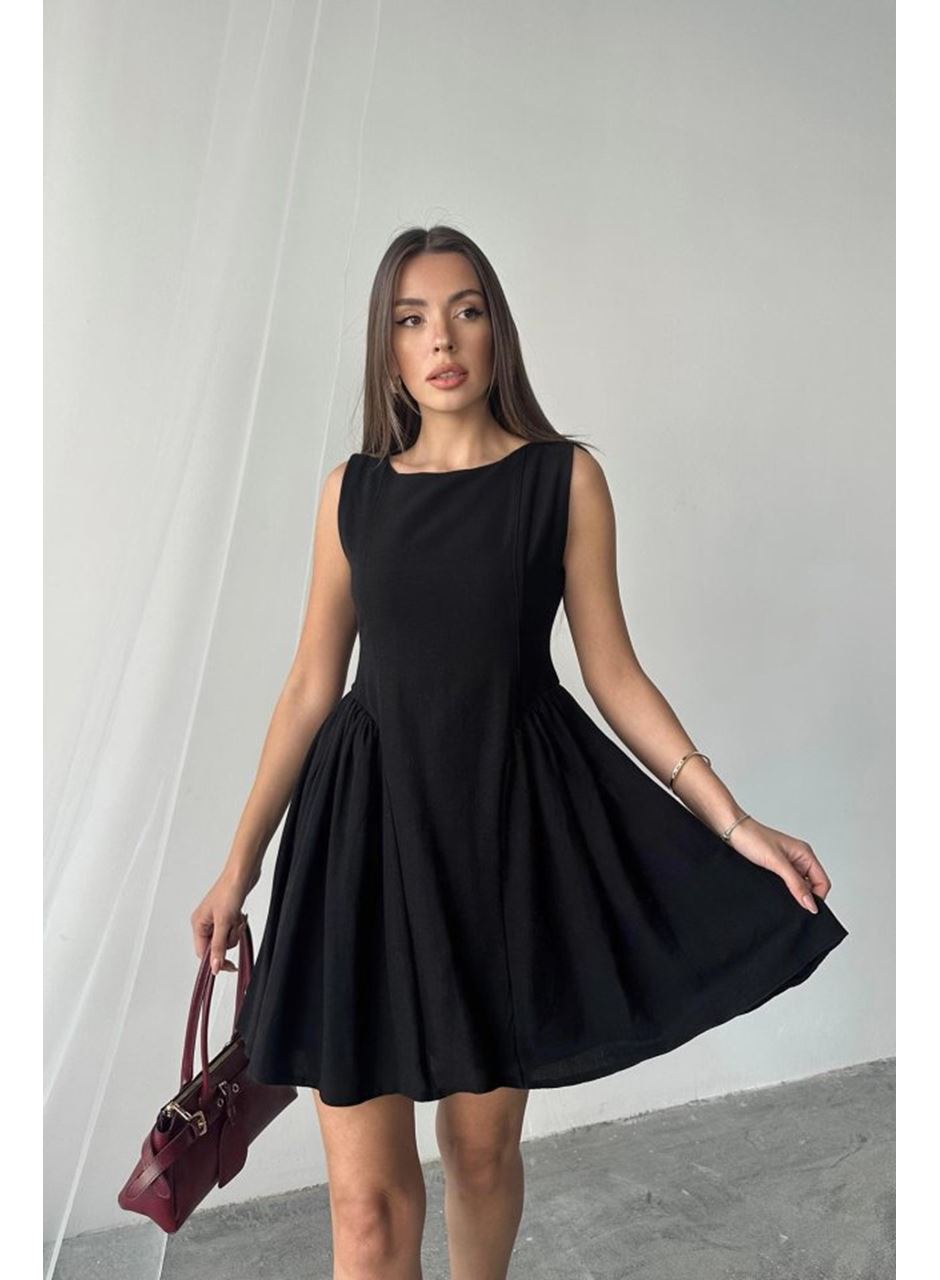 Siyah Mini Boy Büzgülü Keten Elbise