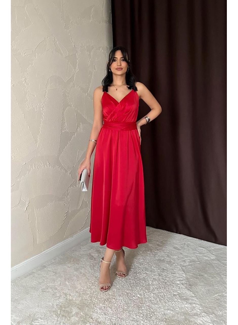 Kırmızı Taş Askılı Prenses Elbise