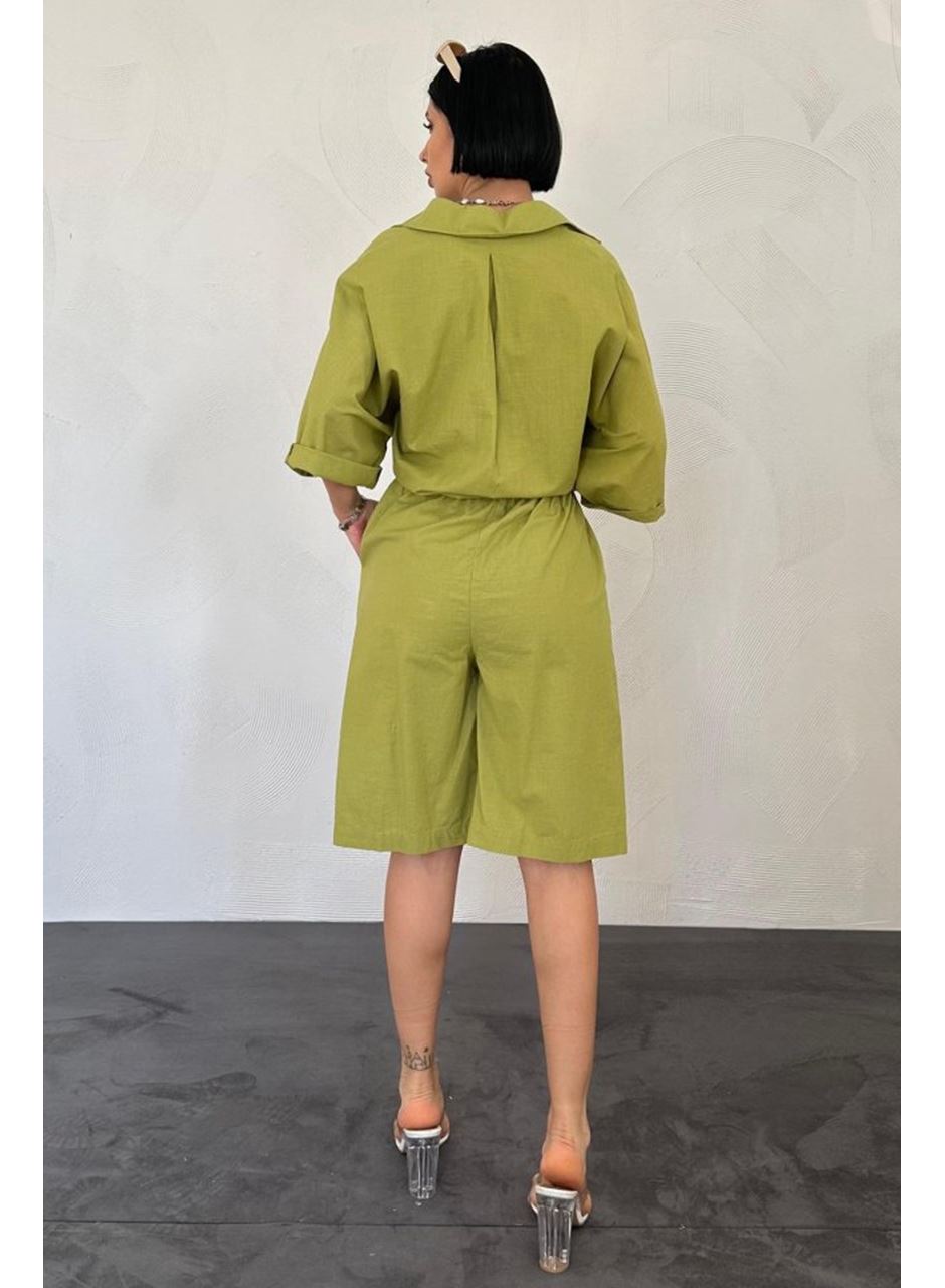 Yağ Yeşili Kısa Kollu Keten Gömlek Ve Şort Takım