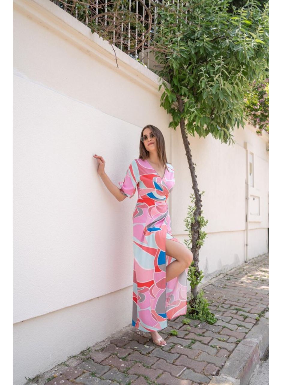 Fuşya Desenli Yırtmaçlı Elbise