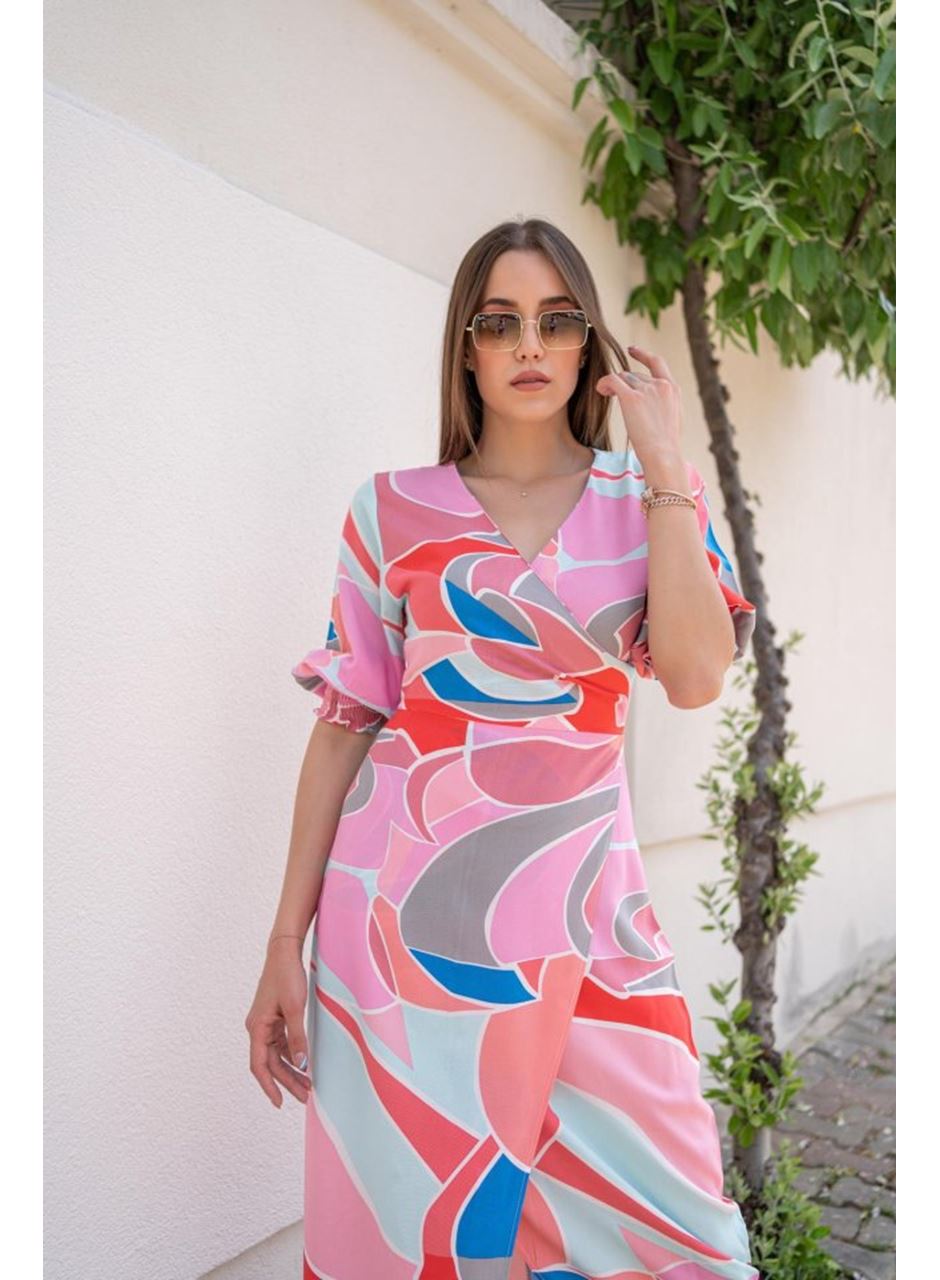 Fuşya Desenli Yırtmaçlı Elbise