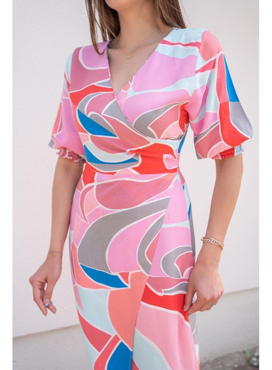 Fuşya Desenli Yırtmaçlı Elbise