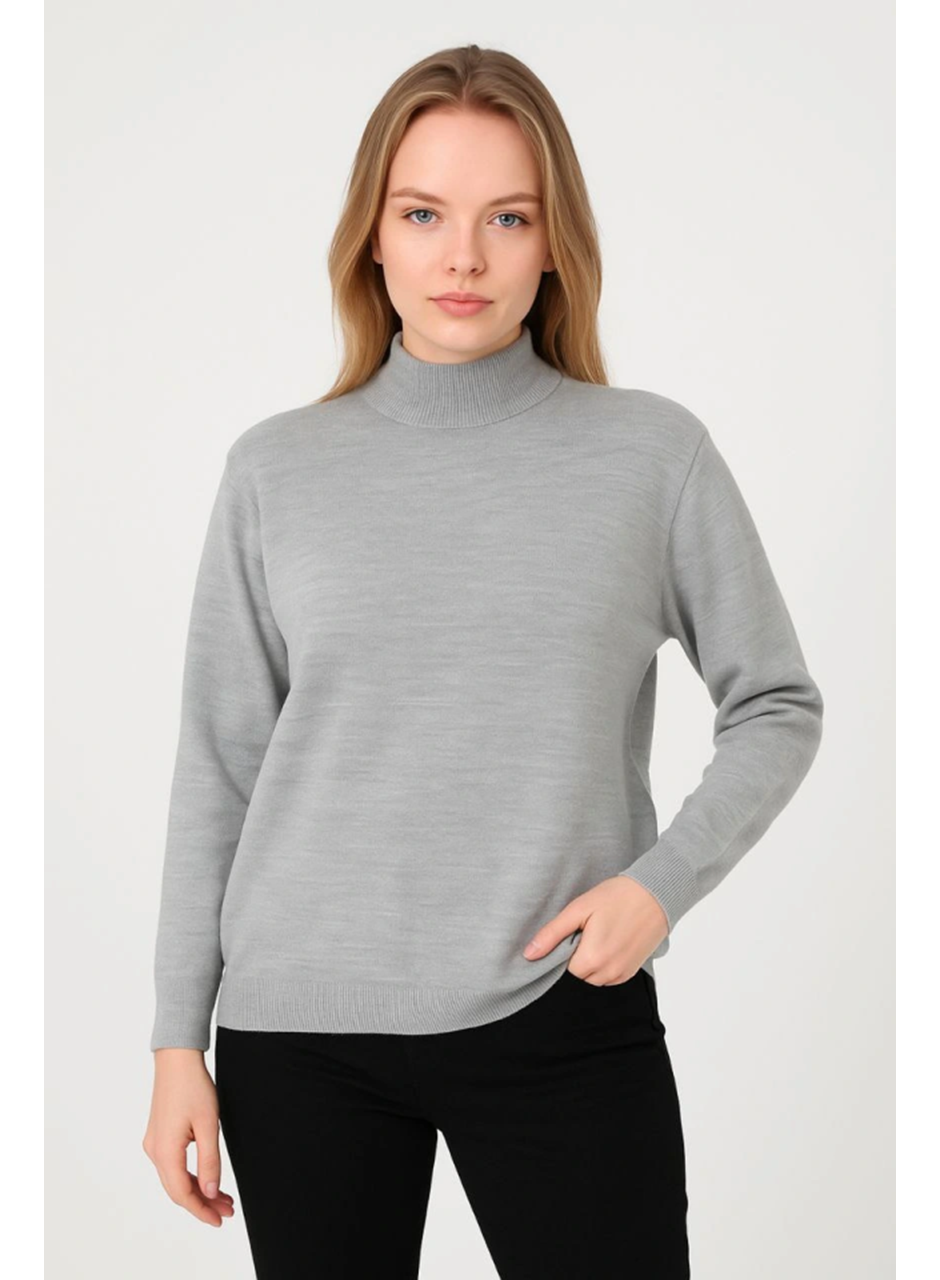 Yarım Boğaz Triko Kazak Yumuşak Dokulu Pamuklu Ince Dokuma, Uzun Kollu Rahat Regular Kalıp - Gri