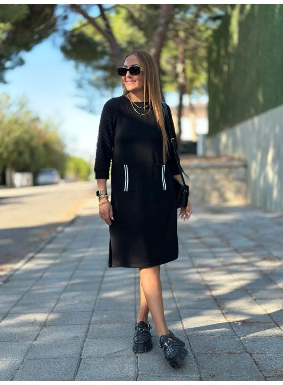 Kadın Viskon Pamuklu Kumaş Kol File , şerit Ve Cep Detaylı Elbise