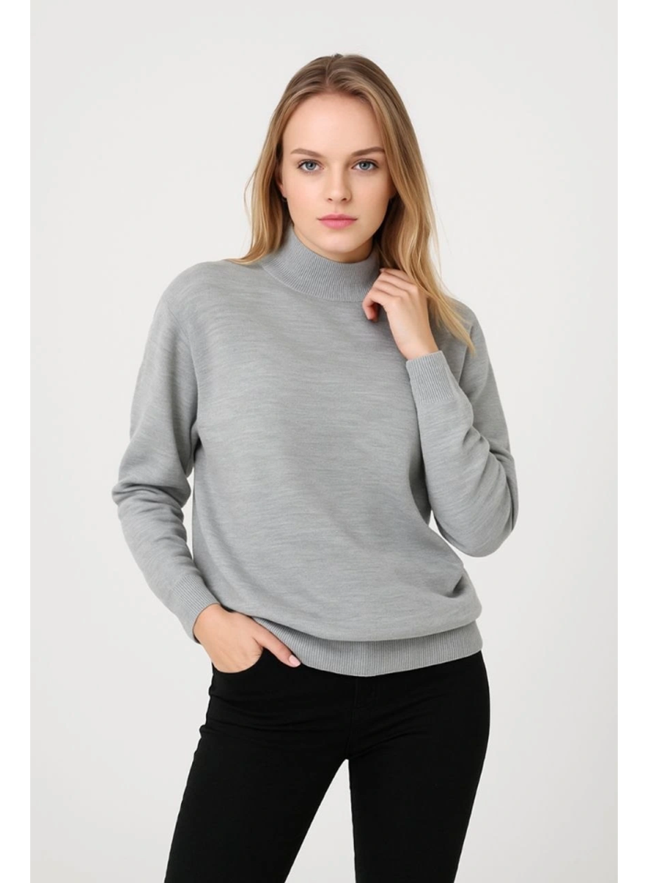 Yarım Boğaz Triko Kazak Yumuşak Dokulu Pamuklu Ince Dokuma, Uzun Kollu Rahat Regular Kalıp - Gri