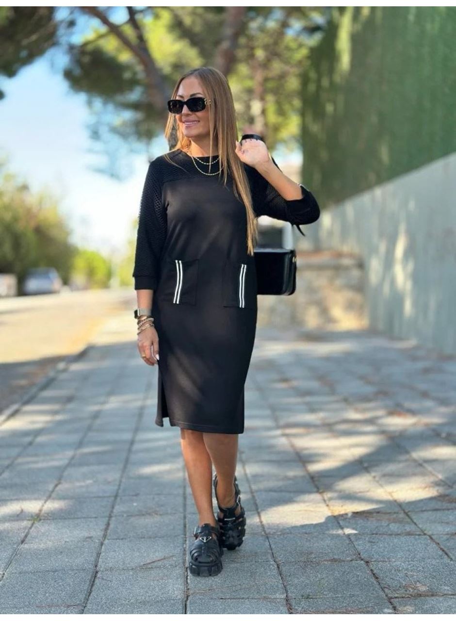 Kadın Viskon Pamuklu Kumaş Kol File , şerit Ve Cep Detaylı Elbise