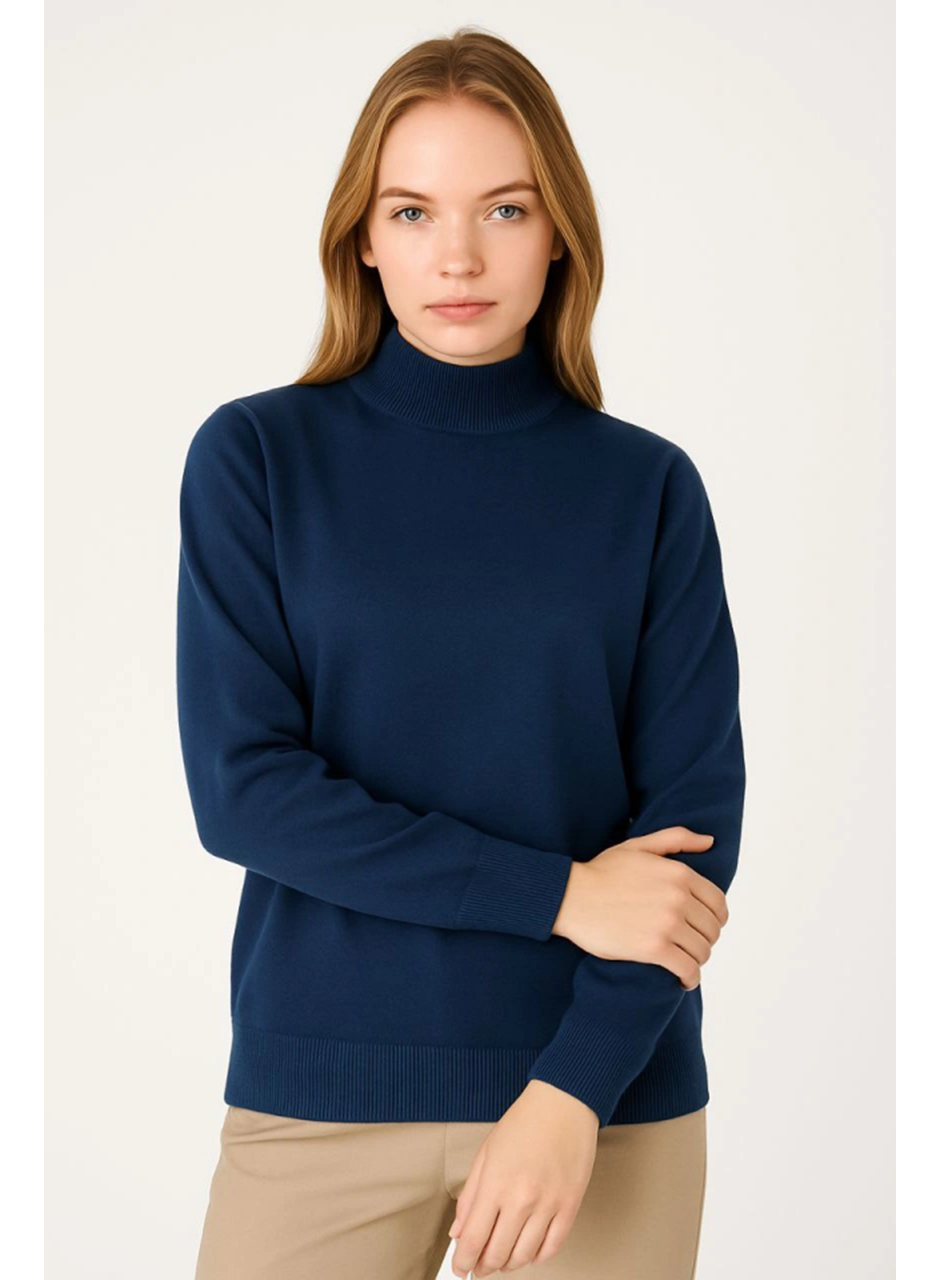 Yarım Boğaz Triko Kazak Yumuşak Dokulu Pamuklu Ince Dokuma, Uzun Kollu Rahat Regular Kalıp - Lacivert