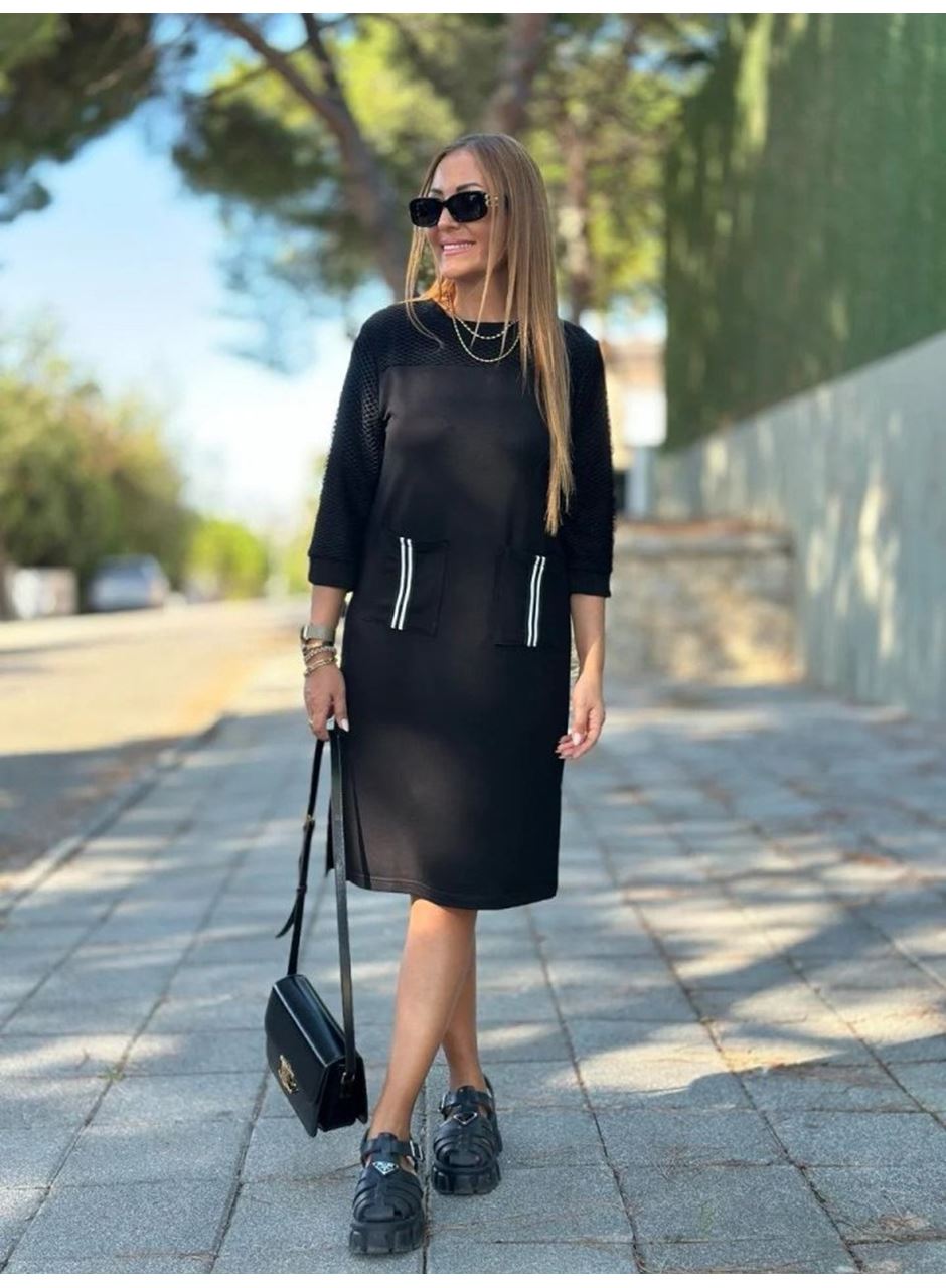 Kadın Viskon Pamuklu Kumaş Kol File , şerit Ve Cep Detaylı Elbise