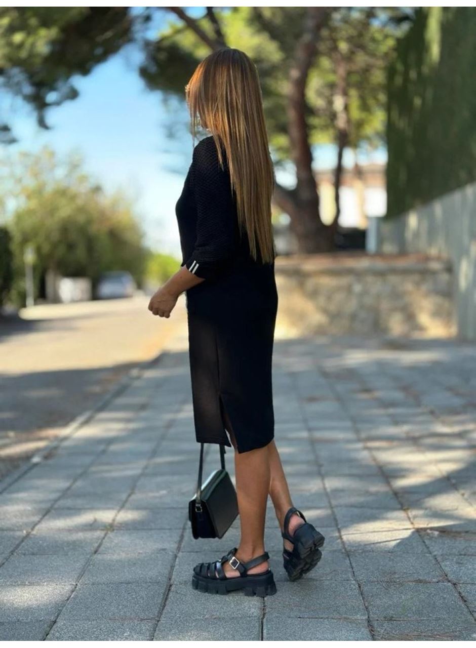 Kadın Viskon Pamuklu Kumaş Kol File , şerit Ve Cep Detaylı Elbise