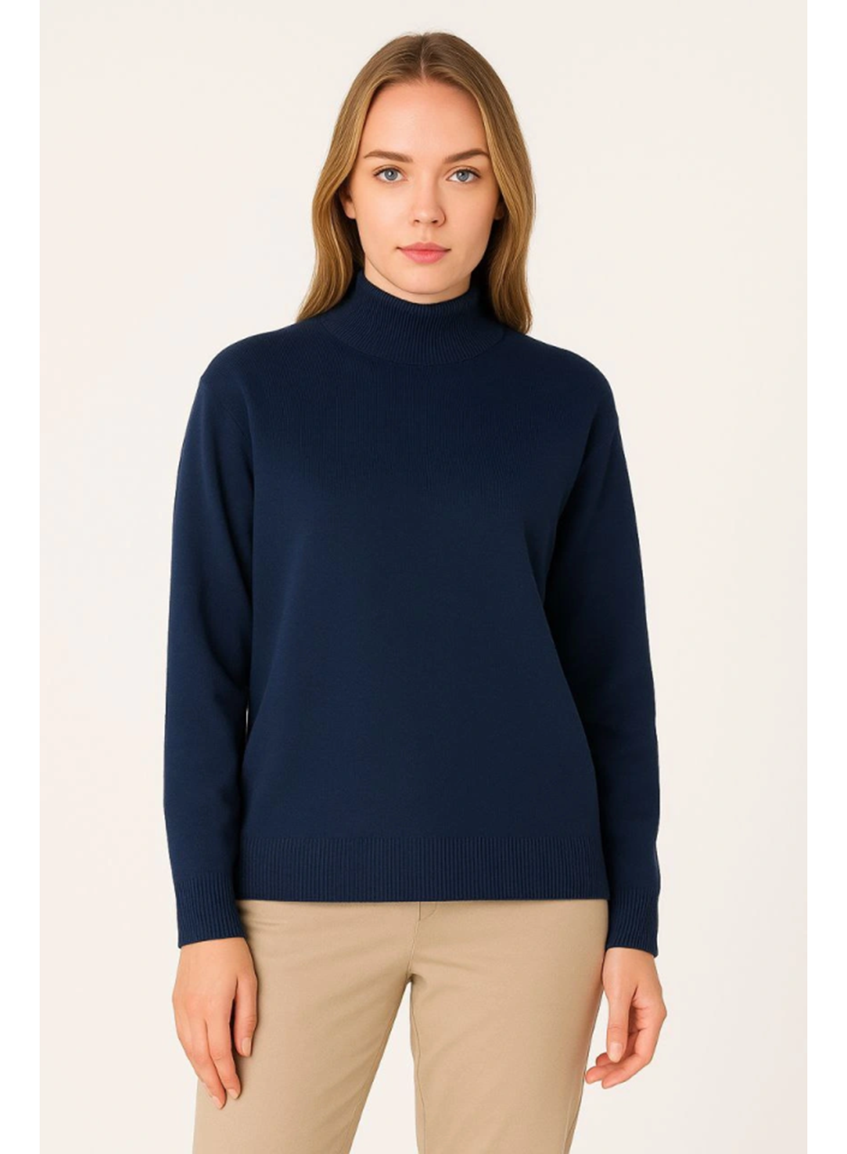 Yarım Boğaz Triko Kazak Yumuşak Dokulu Pamuklu Ince Dokuma, Uzun Kollu Rahat Regular Kalıp - Lacivert