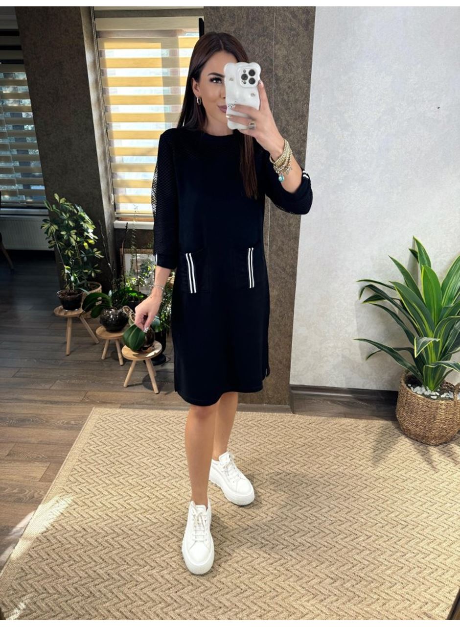 Kadın Viskon Pamuklu Kumaş Kol File , şerit Ve Cep Detaylı Elbise