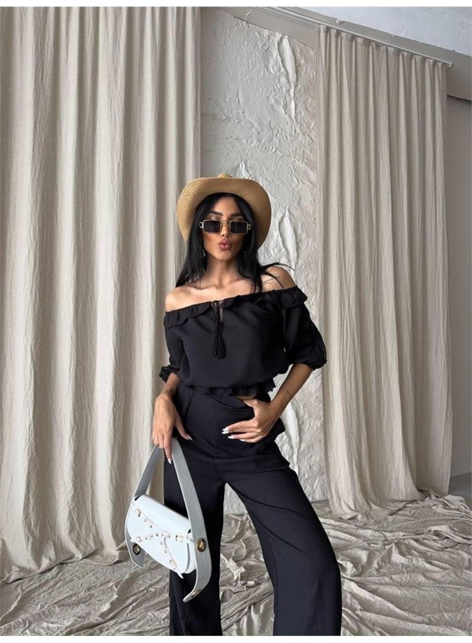 KETEN MADONNA YAKA KOL HASIR ŞERİT - PANTOLON TAKIM - Siyah