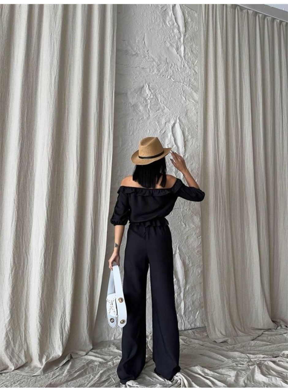 KETEN MADONNA YAKA KOL HASIR ŞERİT - PANTOLON TAKIM - Siyah