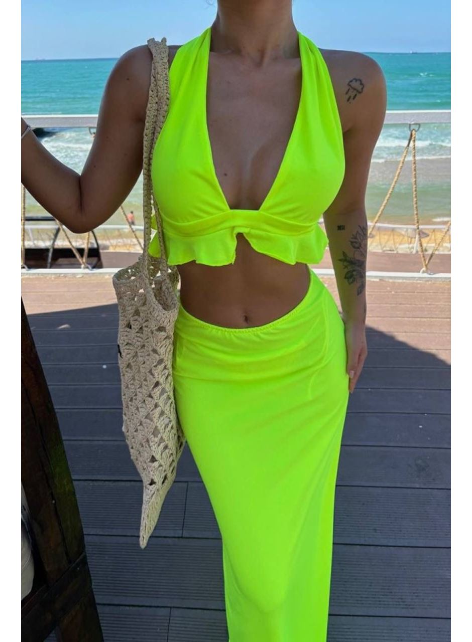 Kadın Mayo Kumaş Bağlamalı Crop Ve Maxi Boy Etek Ikili Takım