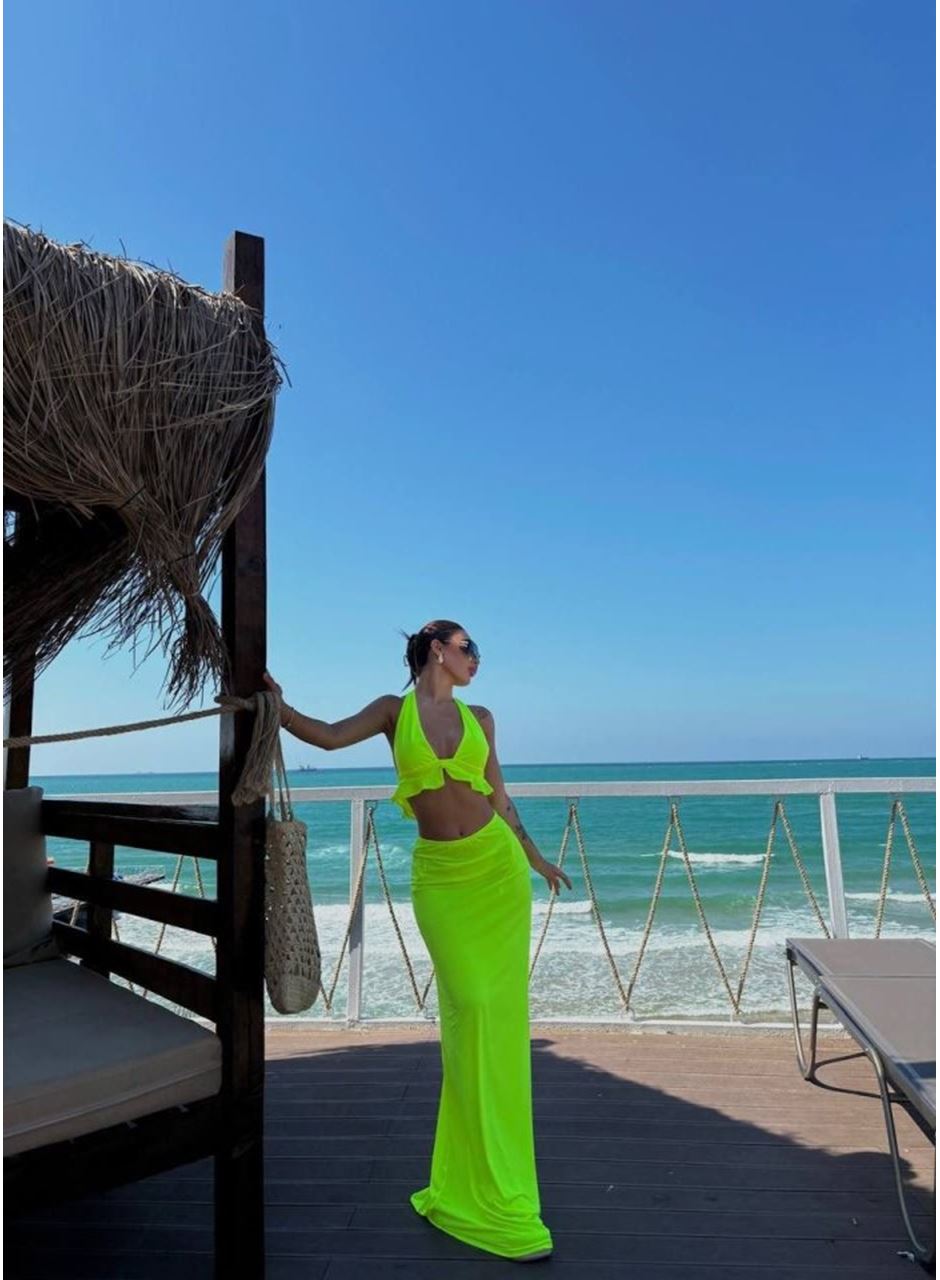 Kadın Mayo Kumaş Bağlamalı Crop Ve Maxi Boy Etek Ikili Takım