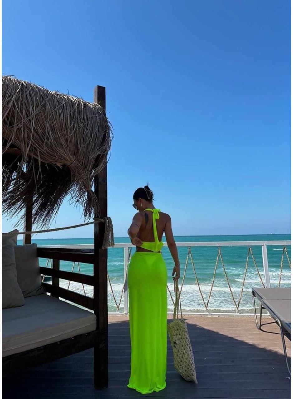 Kadın Mayo Kumaş Bağlamalı Crop Ve Maxi Boy Etek Ikili Takım