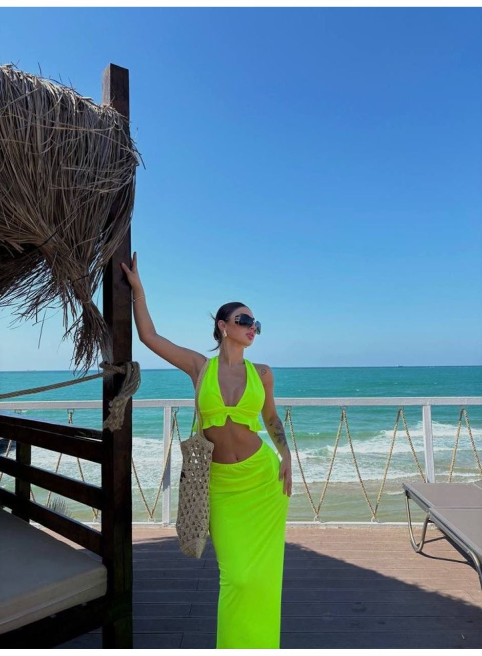 Kadın Mayo Kumaş Bağlamalı Crop Ve Maxi Boy Etek Ikili Takım