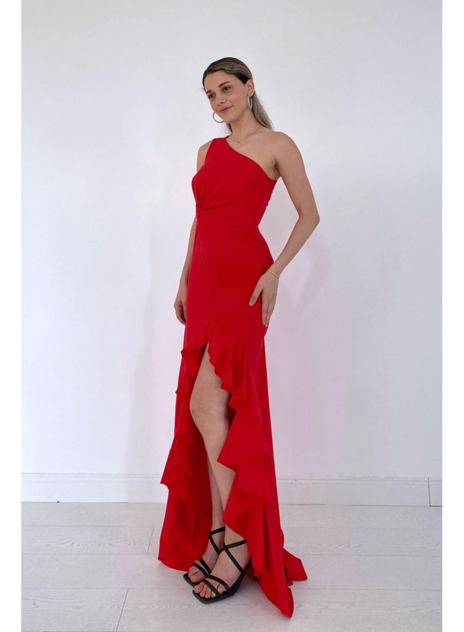 Kırmızı Yırtmaçlı Volanlı Elbise