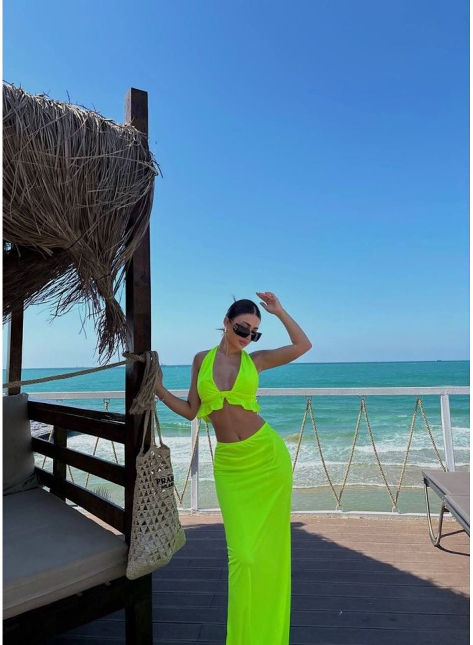 Kadın Mayo Kumaş Bağlamalı Crop Ve Maxi Boy Etek Ikili Takım