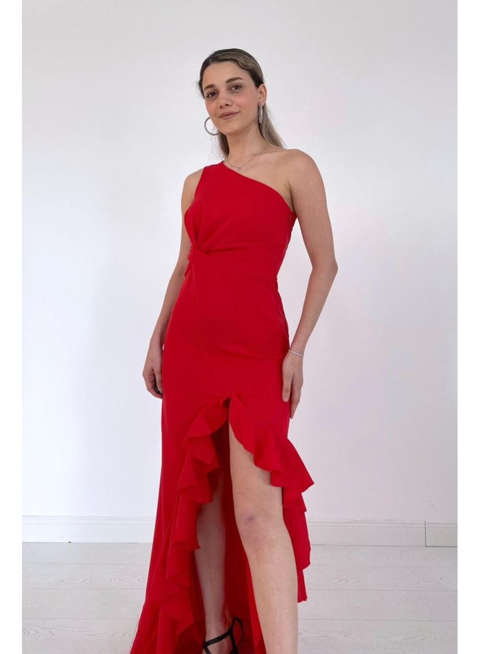 Kırmızı Yırtmaçlı Volanlı Elbise