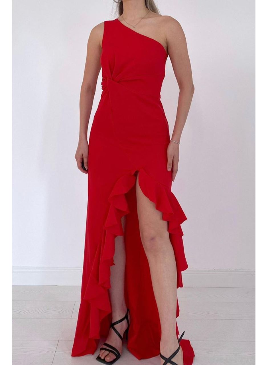 Kırmızı Yırtmaçlı Volanlı Elbise