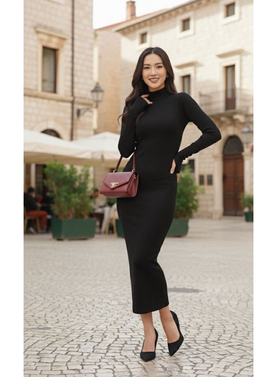 Kadın Uzun Kollu Balıkçı Yaka Midi Boy Elbise