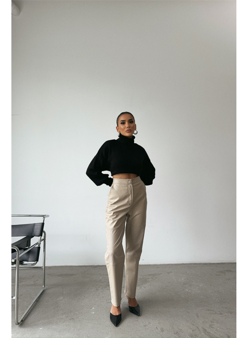 DERİ PANTOLON DİZ PARÇALI - Taş