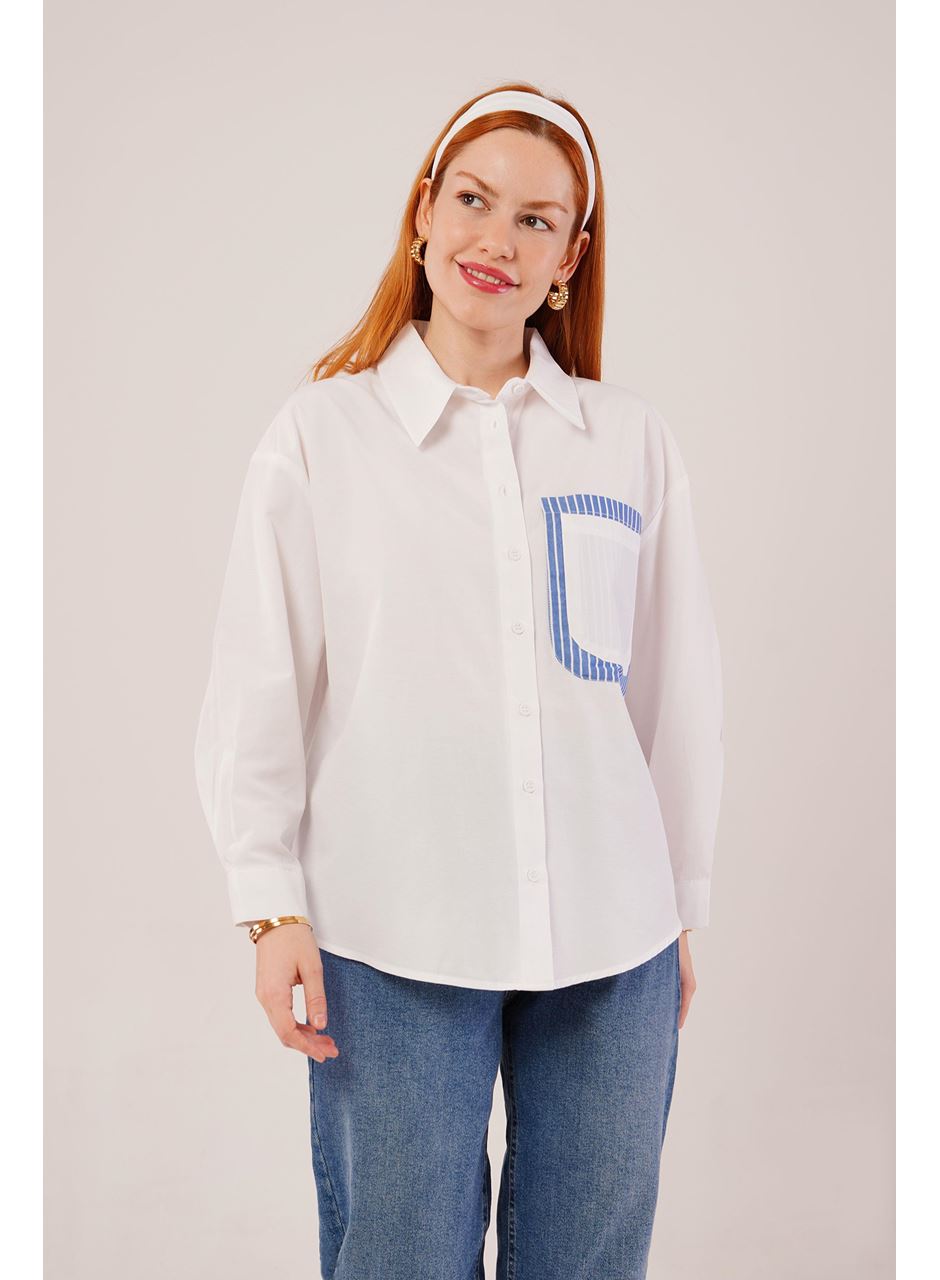 Çizgili Cep Detaylı Beyaz Gömlek