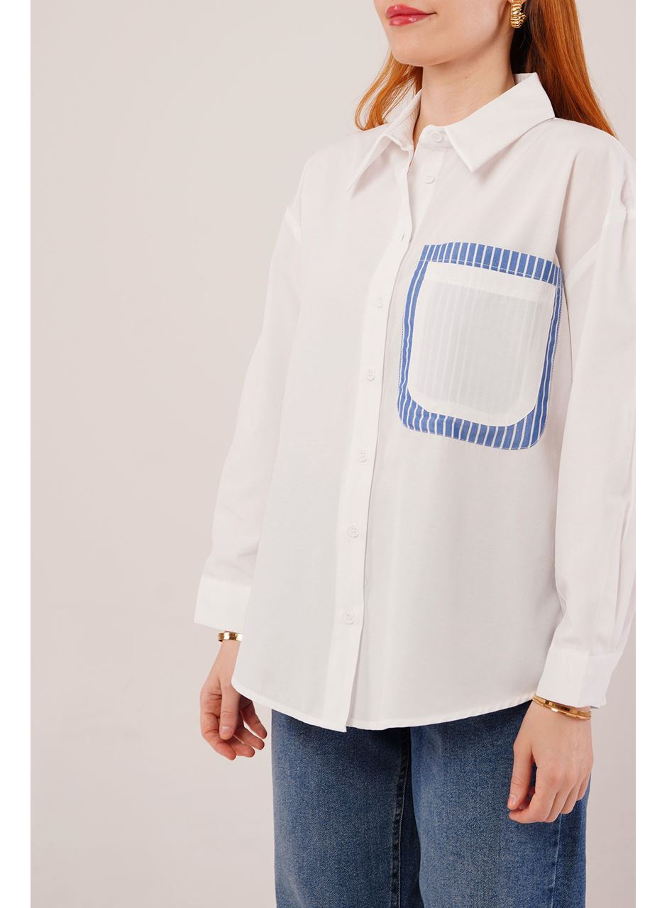 Çizgili Cep Detaylı Beyaz Gömlek