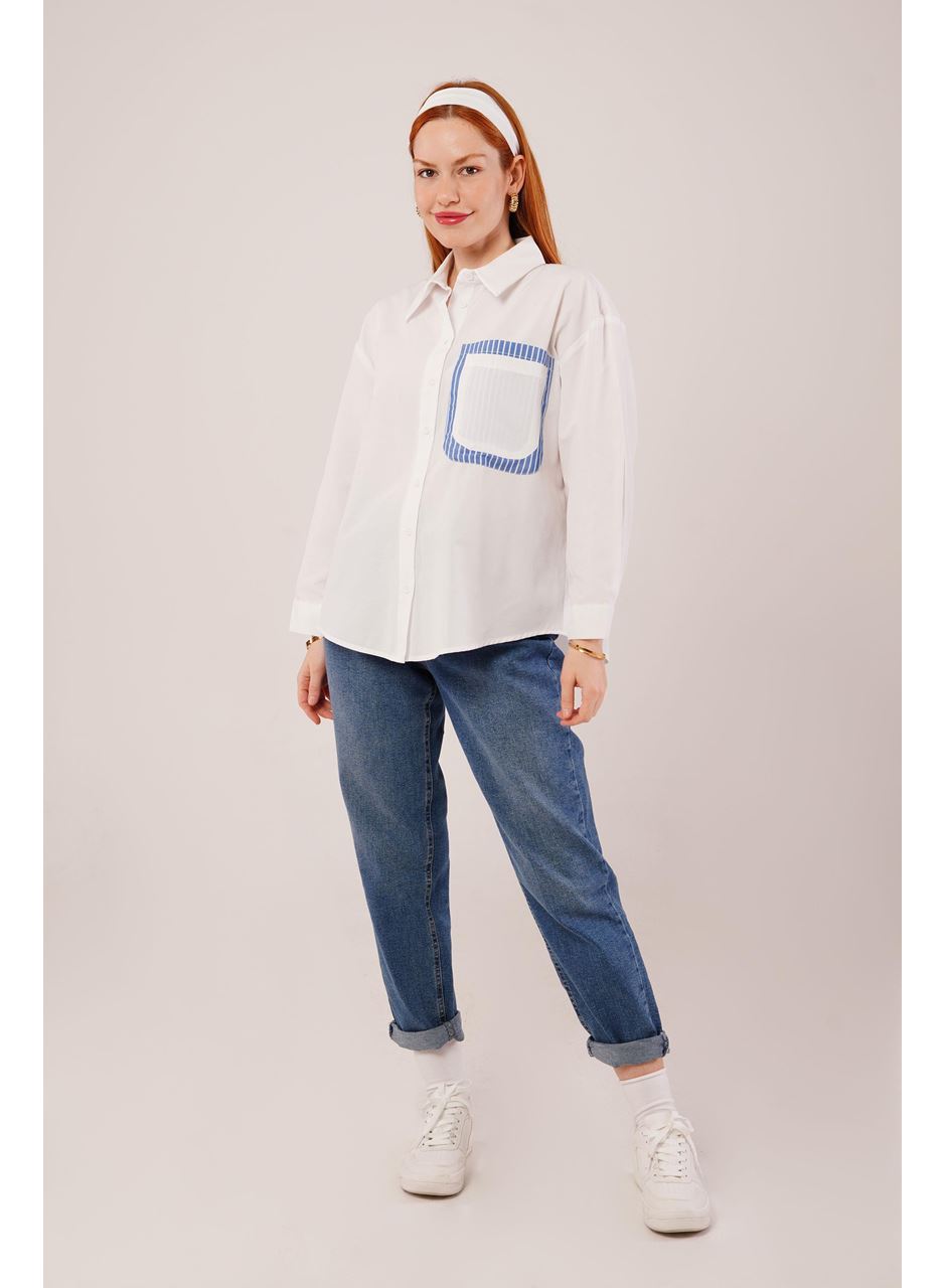 Çizgili Cep Detaylı Beyaz Gömlek