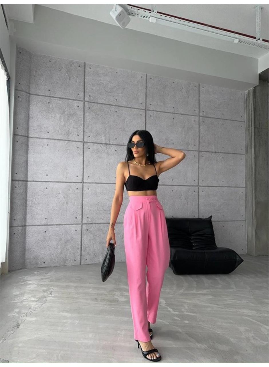 PANTOLON KAPALI CEP 3 DÜĞME DETAYLI - Pembe