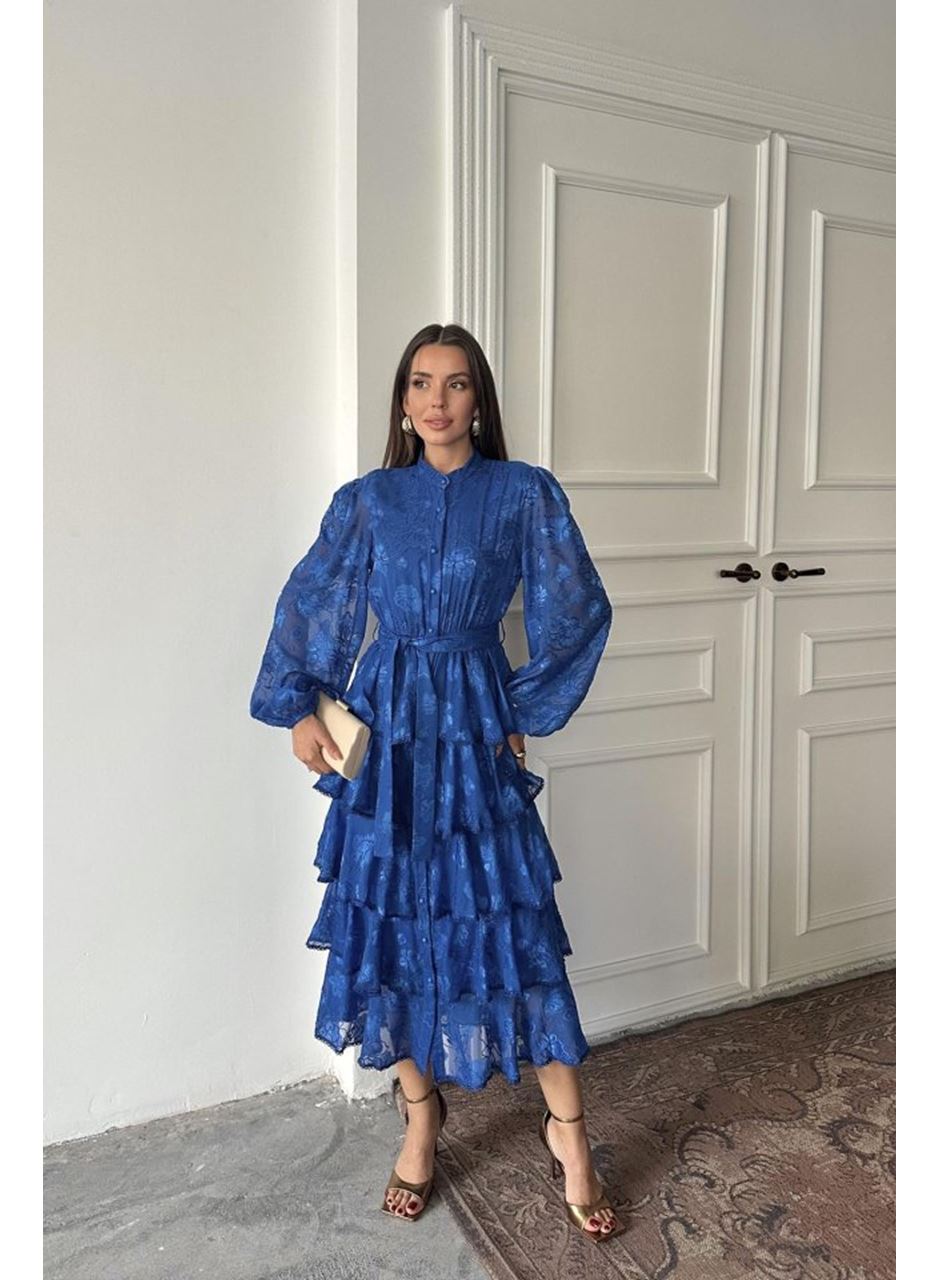 Saks Valonlu Şeritli Kat Kat Elbise