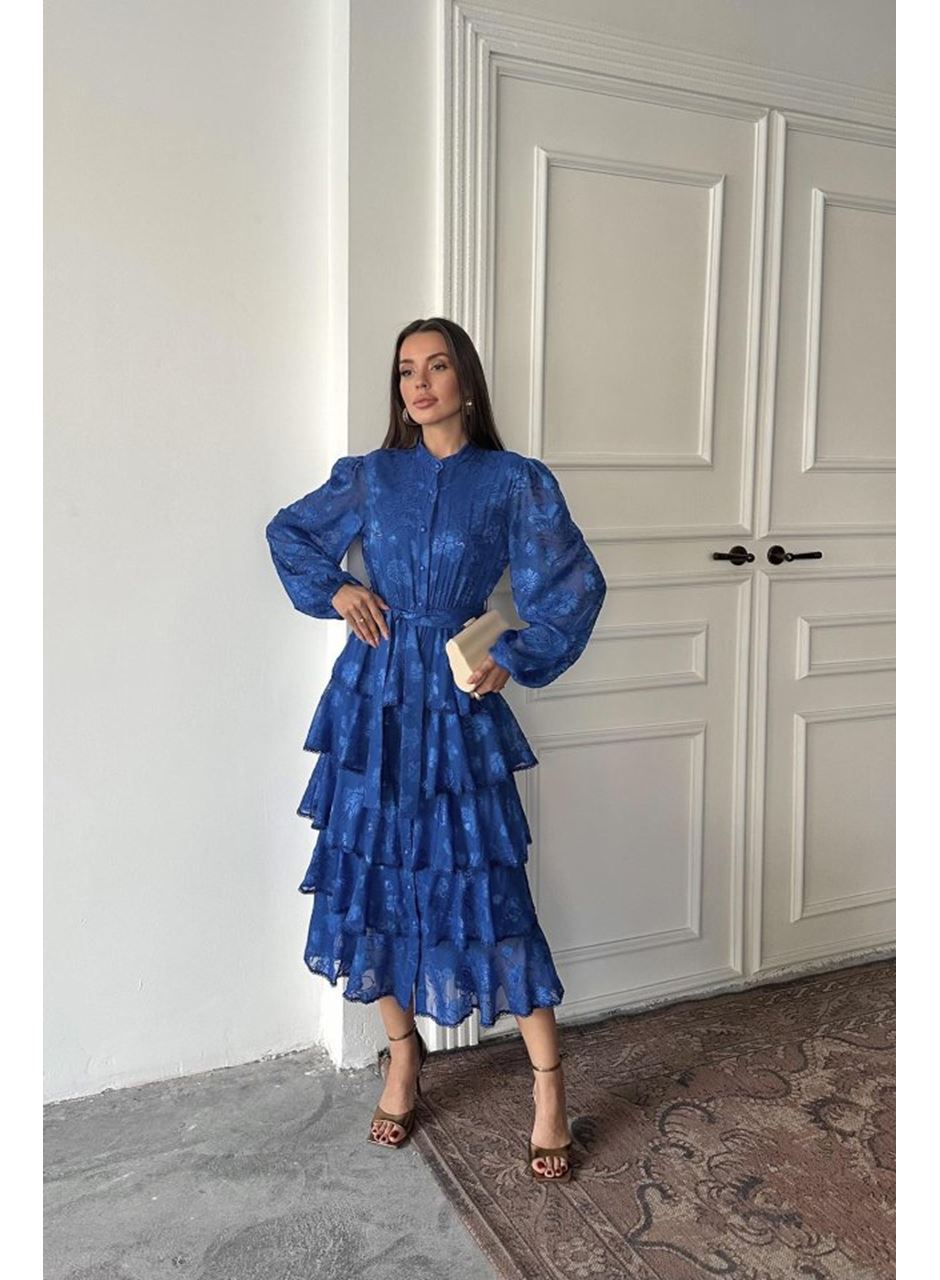 Saks Valonlu Şeritli Kat Kat Elbise