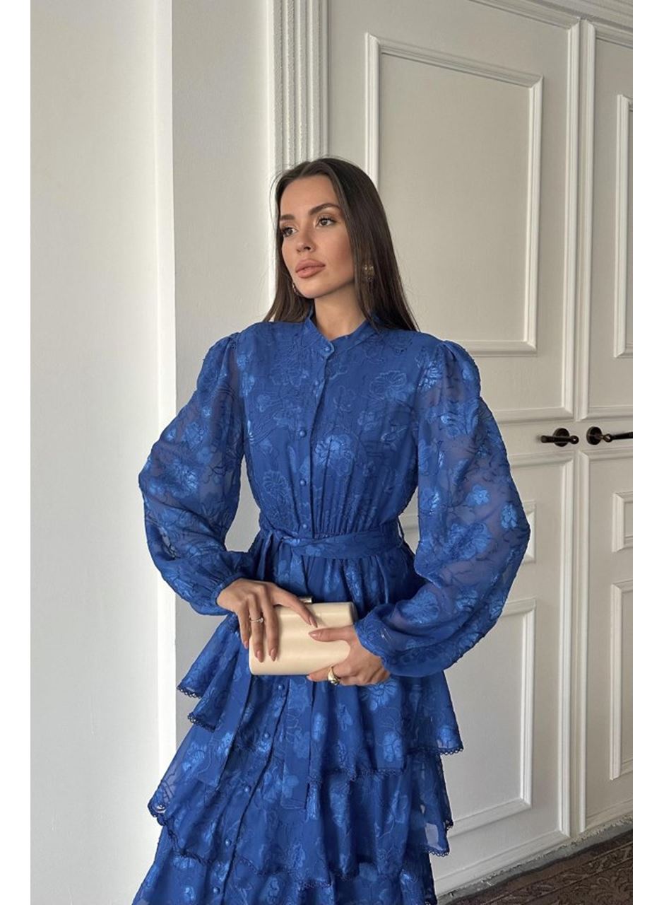 Saks Valonlu Şeritli Kat Kat Elbise