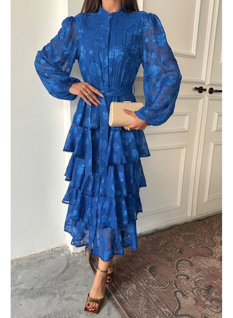 Saks Valonlu Şeritli Kat Kat Elbise