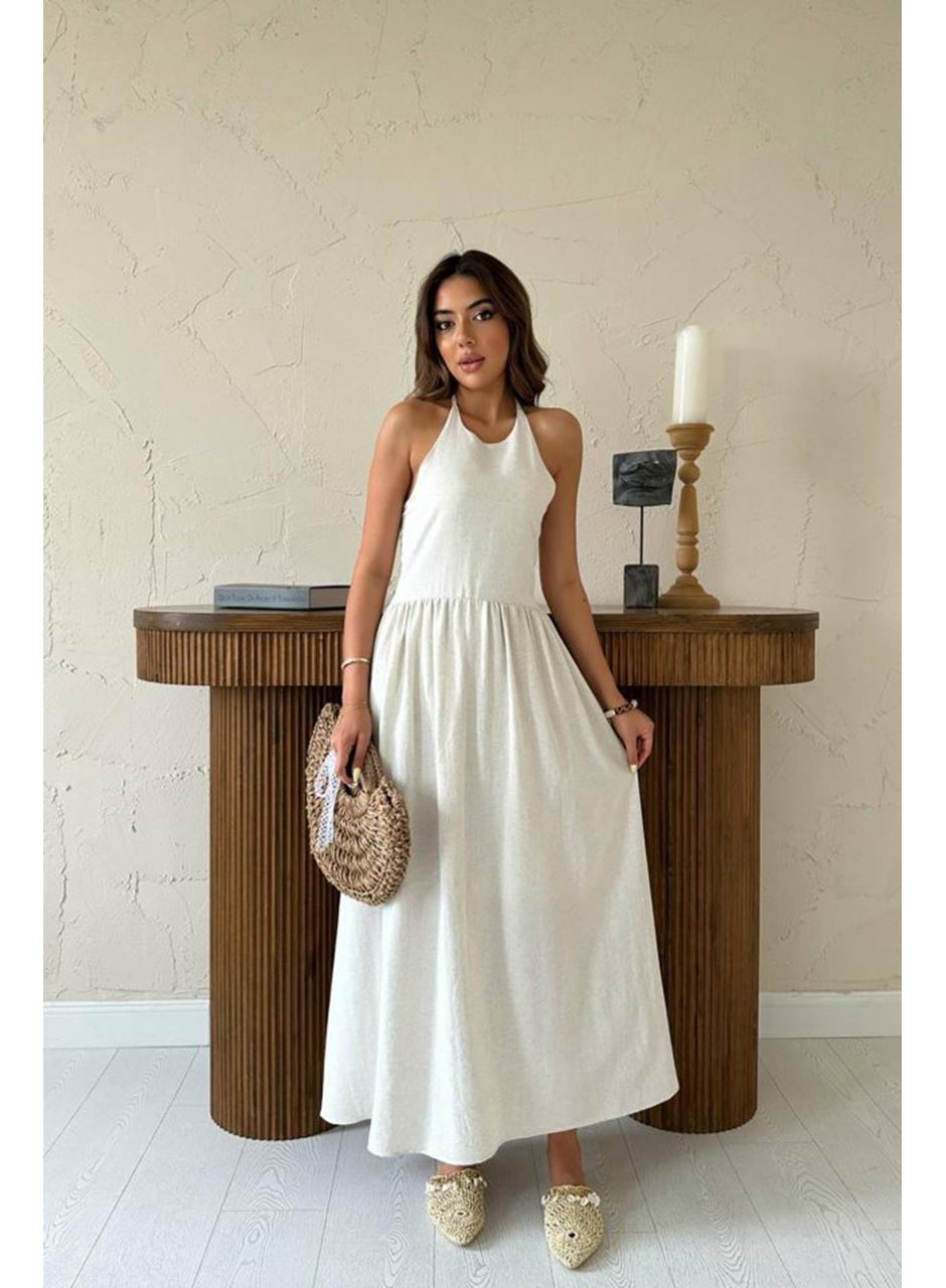 Bej Arkası Gipeli Keten Elbise