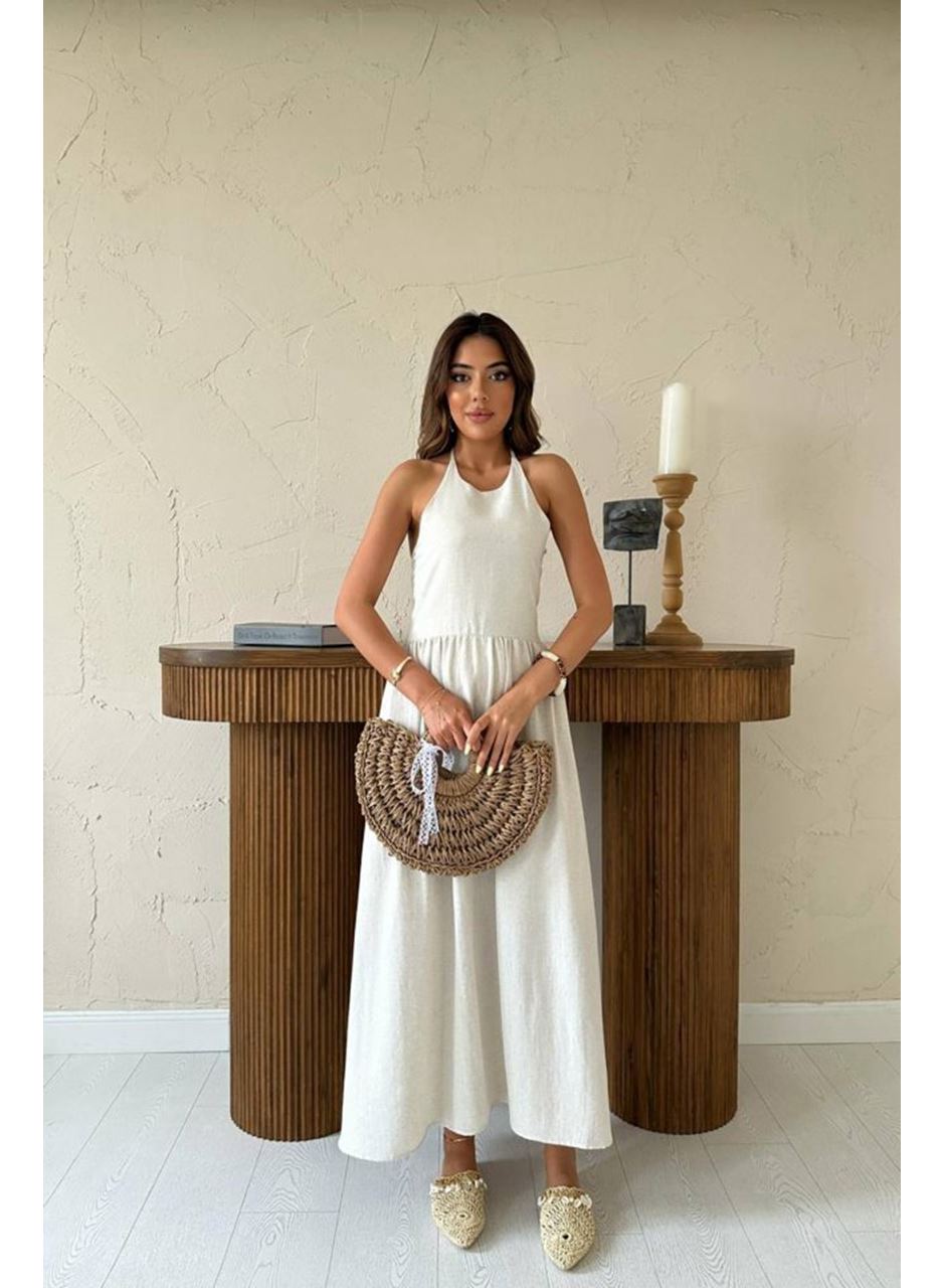 Bej Arkası Gipeli Keten Elbise