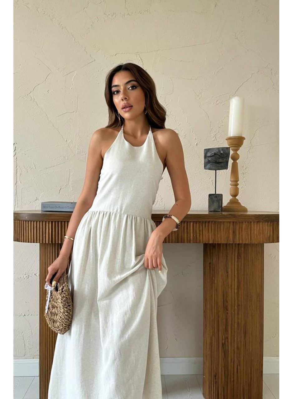 Bej Arkası Gipeli Keten Elbise