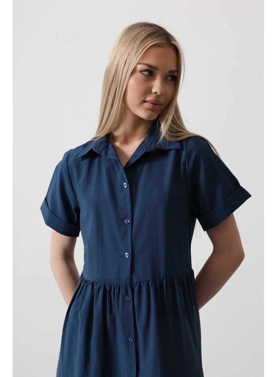 Kısa Kol Düğmeli Elbise - İndigo