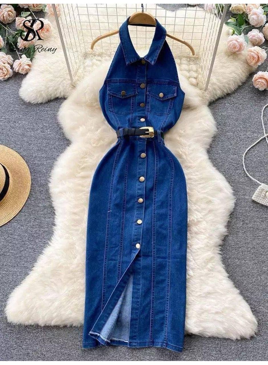 Kadın Düğme Detaylı Belden Kemerli Sırt Dekolte Kot Elbise