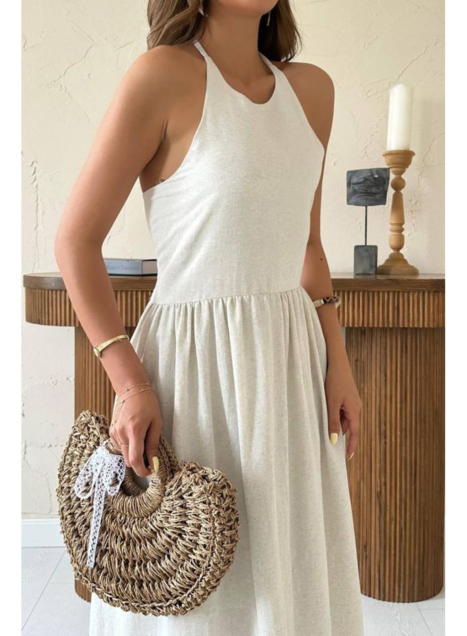 Bej Arkası Gipeli Keten Elbise